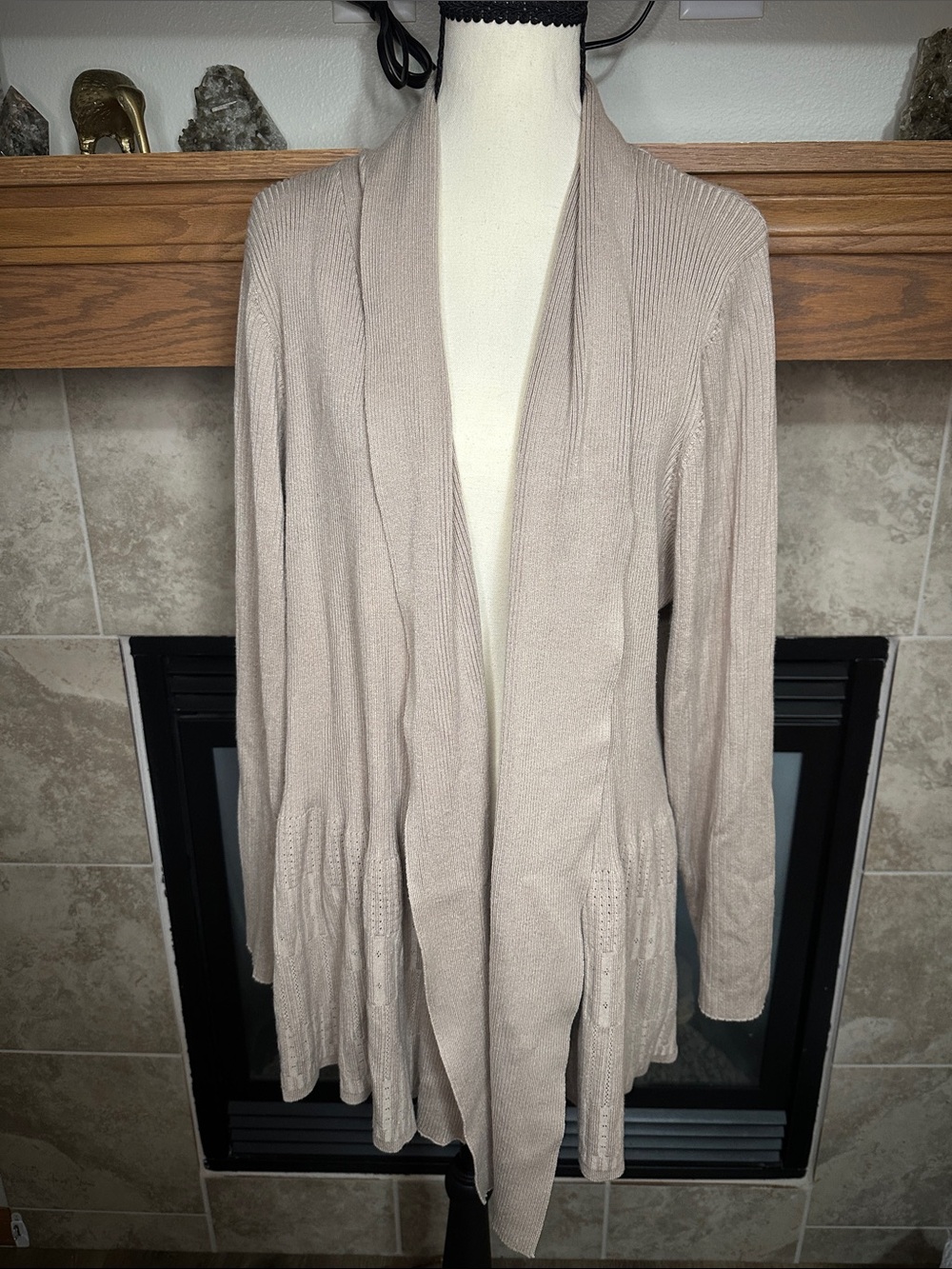 Pina Rossi 3X Beige Open Front Long Cardigan Pointelle Knit Plus Size Sweater